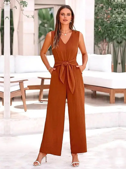 Summer High Waist Lace-up Jumpsuits Women 2025 New Sleeveless V-neck Side Pocket Solid Casual Jumpsuit Office Ladies Rompers