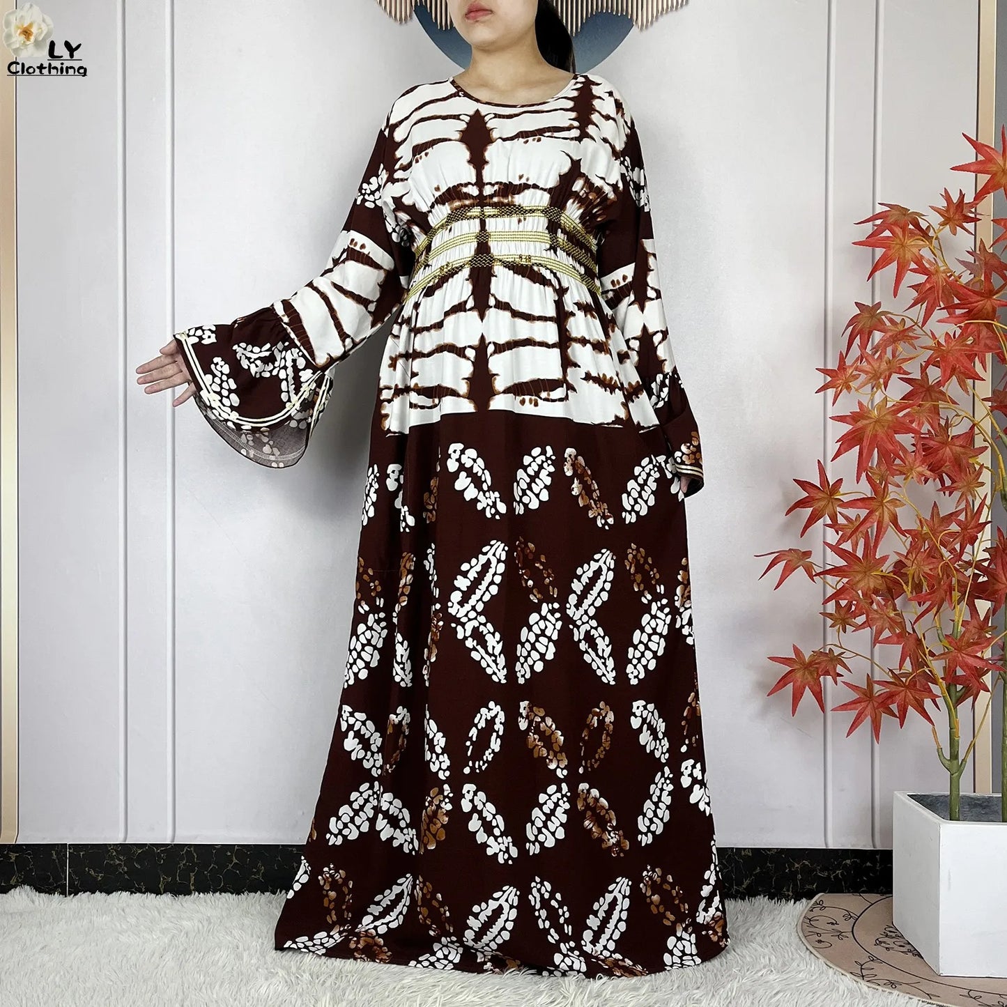 New Women Party Dress Dubai Muslim Summer Cotton Long Sleeve Collect Waist Boubou Maxi Islam Women Elegant Dress African Abaya.