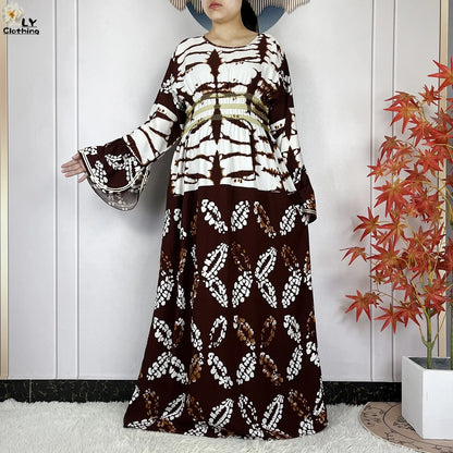 New Women Party Dress Dubai Muslim Summer Cotton Long Sleeve Collect Waist Boubou Maxi Islam Women Elegant Dress African Abaya.