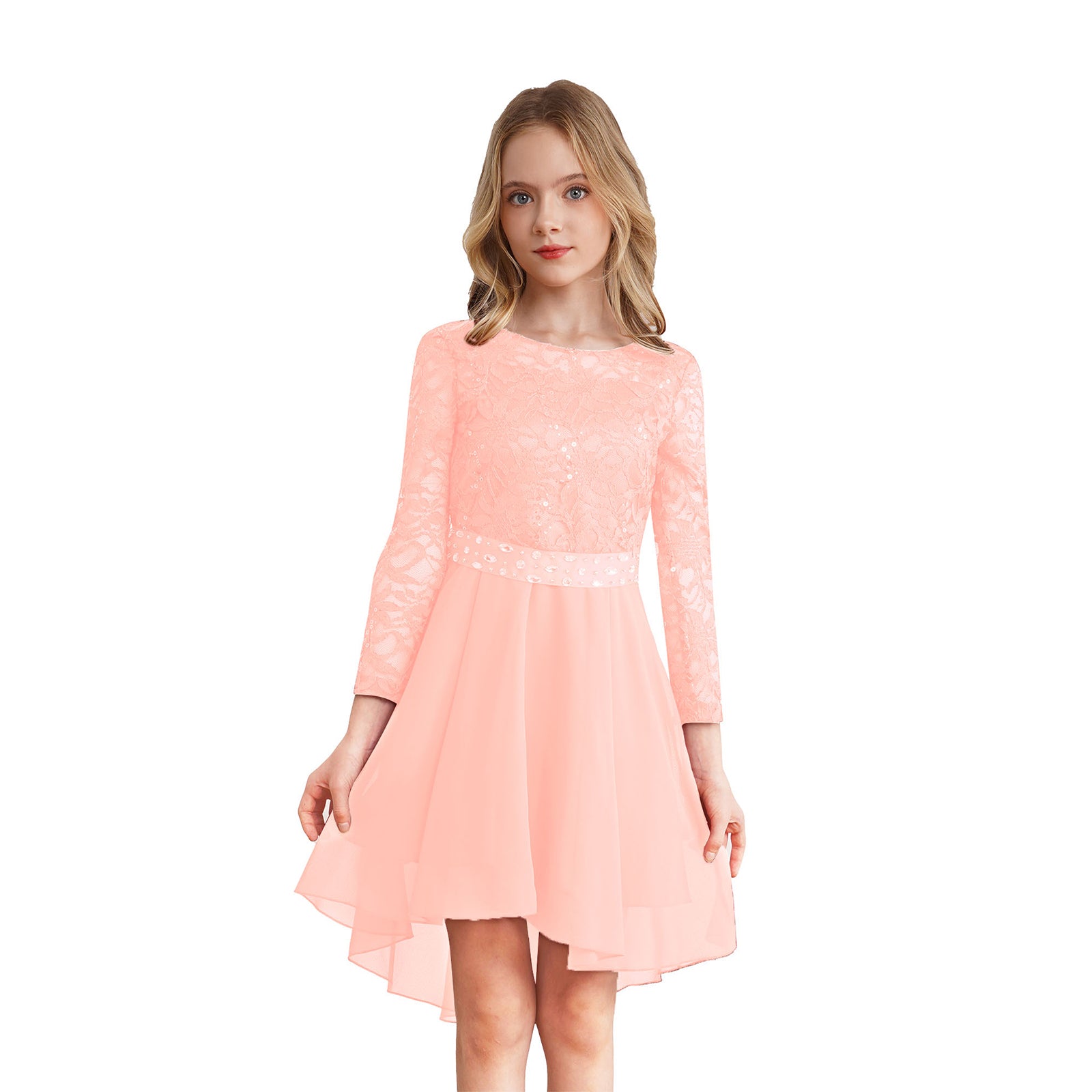 Elegantes Spitzen-Partykleid für Kinder, Mädchen, Chiffon, Spleißen, langärmelig, Kleid mit hohem und niedrigem Saum und Strass-Schärpe für Hochzeit, Geburtstag.