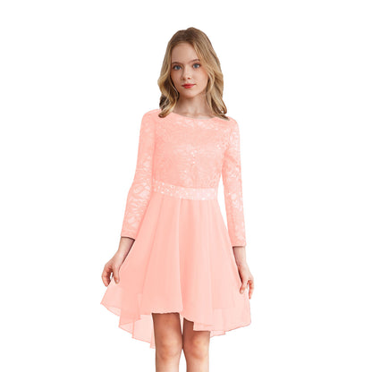 Elegantes Spitzen-Partykleid für Kinder, Mädchen, Chiffon, Spleißen, langärmelig, Kleid mit hohem und niedrigem Saum und Strass-Schärpe für Hochzeit, Geburtstag.