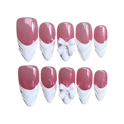 10pcs White French Handmade False Nails 3D Bowknots Designs Press On Nails Rose Pink Detachable Almond Fake Nail Patches.