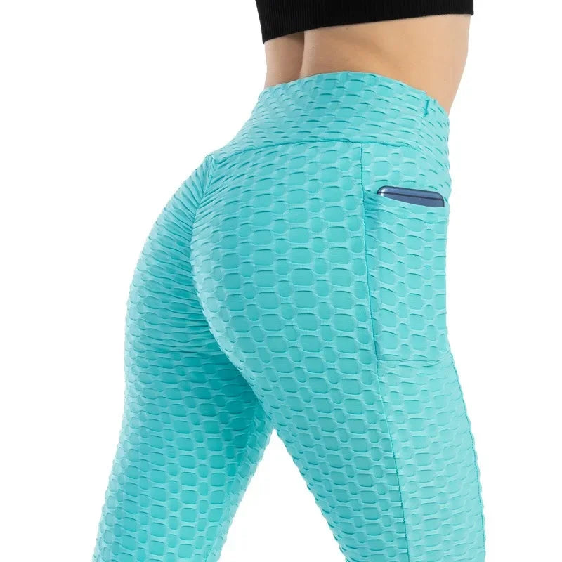 Women Fashion Pocket Bubble Pants Stretchy Slim Leggings Gym Running Cycling Fitness Pants High Waist Hip Lift Leggings Female.