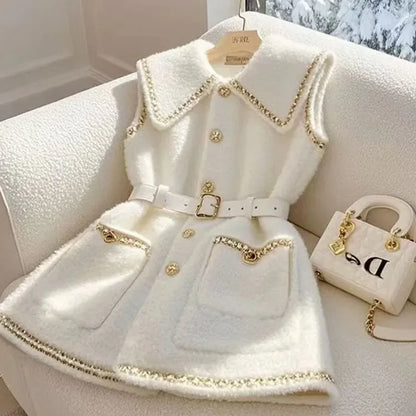 Frankreich Elegante Taille Gürtel Weiß Lamm Wolle Jacke Ärmellose Blazer Frauen Weste Formale Büro Dame Koreanische Mode Oberbekleidung.