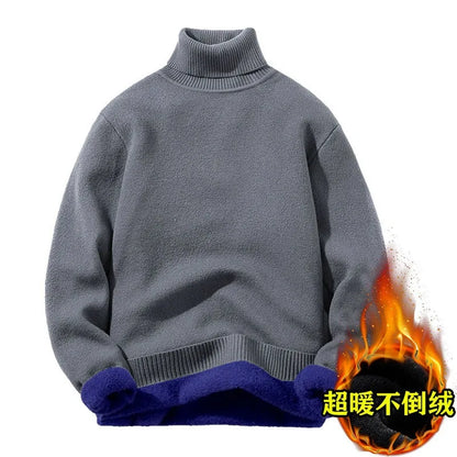 Men's Fleece High Collar Sweater Winter Thickened Solid Color Knitwear Cold-proof Warm Casual Pullover Bottoming Shirt 5XL.