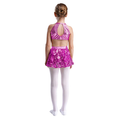 Kinder Mädchen Pailletten Jazz Ballett Tanzkleid Ärmellos Ausschnitt Tiered Rüschen Trikot Salsa Samba Rumba Skating Performance Kostüm.