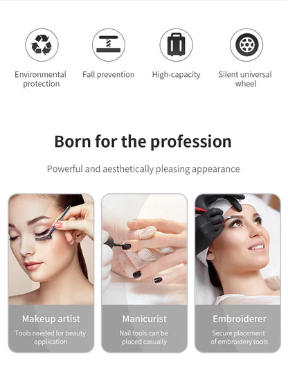 TravelRolling Makeup Train Case Large Capacity Cosmetic Trolley, Aluminum Professional Travel Case with Key.