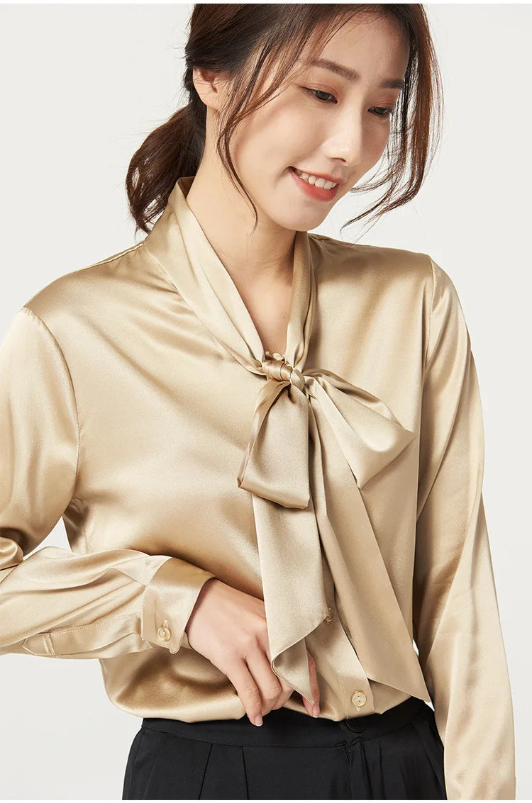 Heavyweight Mulberry Silk Shirt Women's 2025 Spring And Autumn New Long Sleeve Satin Silk Blouse V-neck Bow Ribbon Shirt