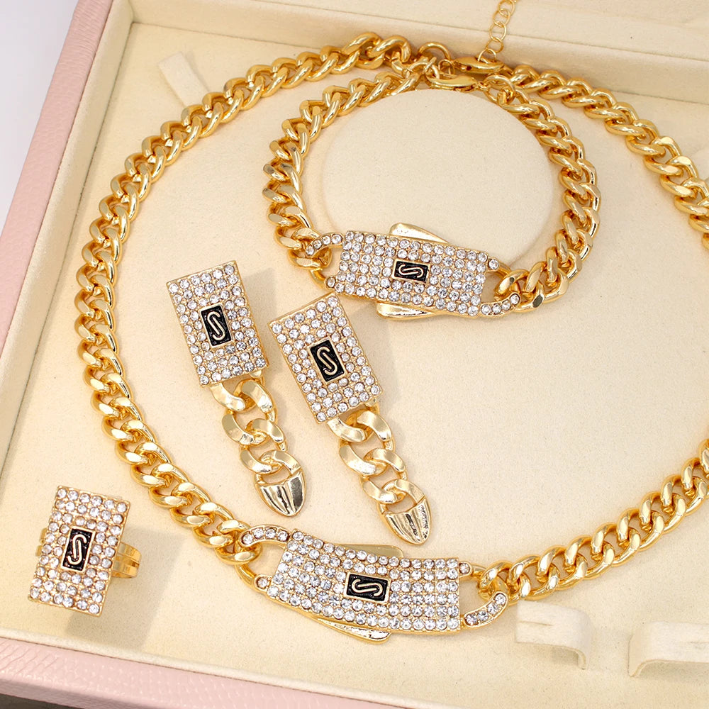 GZJPEI Monaco Chain 18K Gold Plated Cuban Chain Jewelry Set High Quality Necklace Bracelet 2025 New For Bridal Wedding Gift.