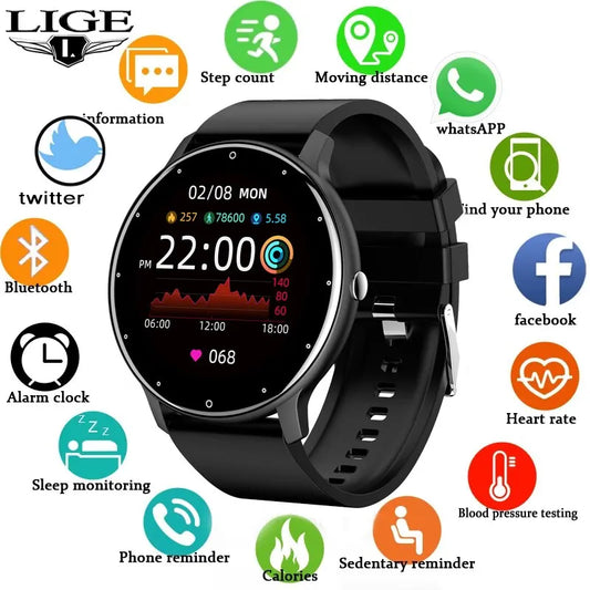 LIGE Smart Watch Men Women Full Touch Screen Sport Fitness Watch Man IP67 Waterproof Bluetooth For Android IOS Smartwatch Men.