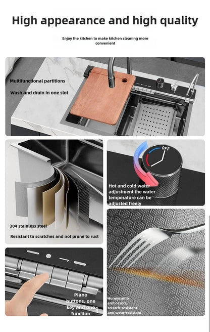 Stainless Steel Kitchen Sink Waterfall Faucet Large Single Sink Intelligent Dishwasher Sink Digital Display and Light Effects