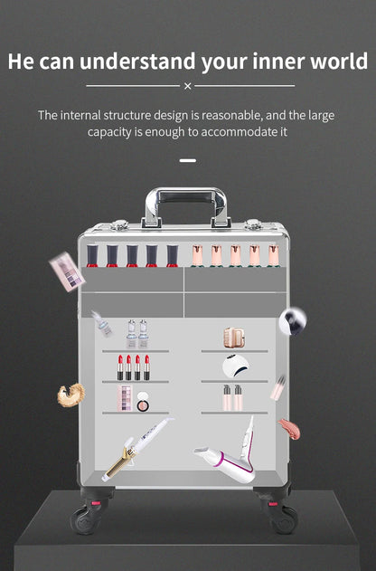 TravelRolling Makeup Train Case Large Capacity Cosmetic Trolley, Aluminum Professional Travel Case with Key.