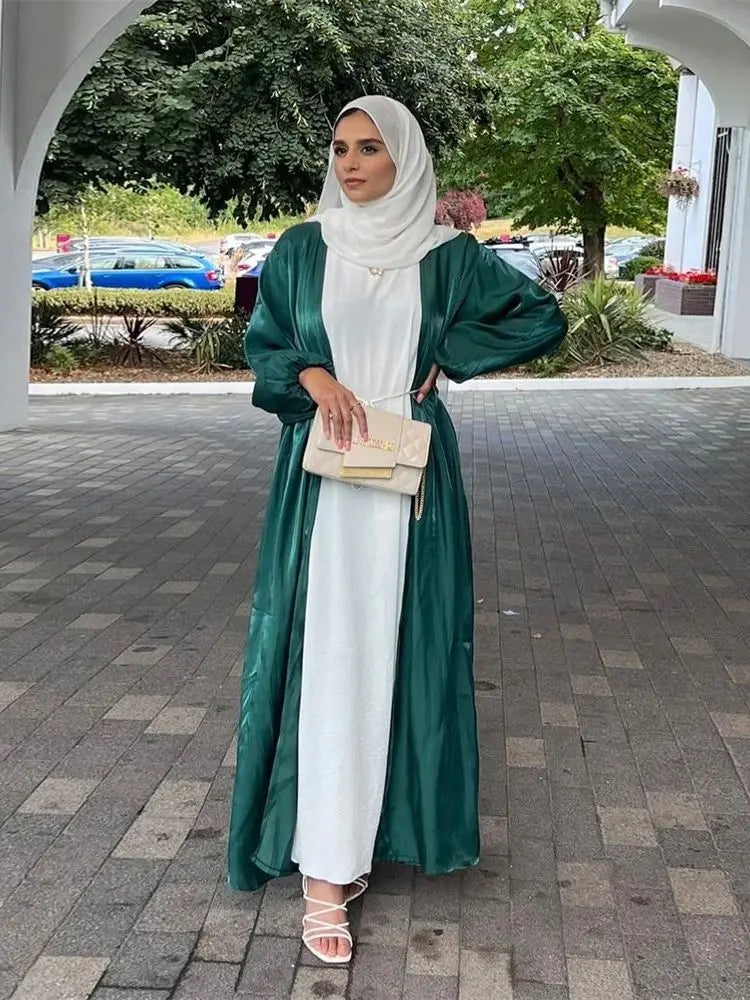 Ramadan Eid Open Satin Kebaya Abaya Dubai Luxury Kimono Kaftan Muslim Islam Dress Abayas For Women Caftan Robe Femme Musulmane.