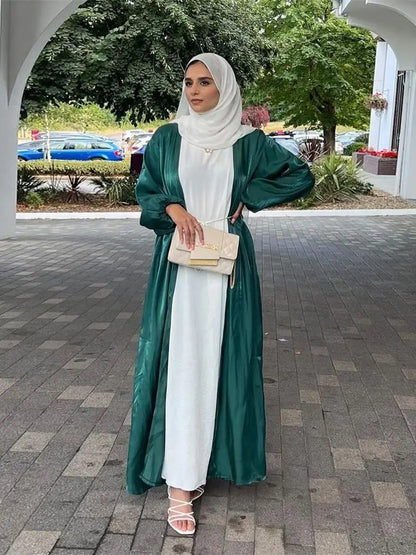Ramadan Eid Open Satin Kebaya Abaya Dubai Luxury Kimono Kaftan Muslim Islam Dress Abayas For Women Caftan Robe Femme Musulmane.