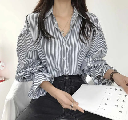 oose Stripe Women Shirts 2025 Fashion Lapel Collar Long Sleeve Shirt Elegant Classic Top.