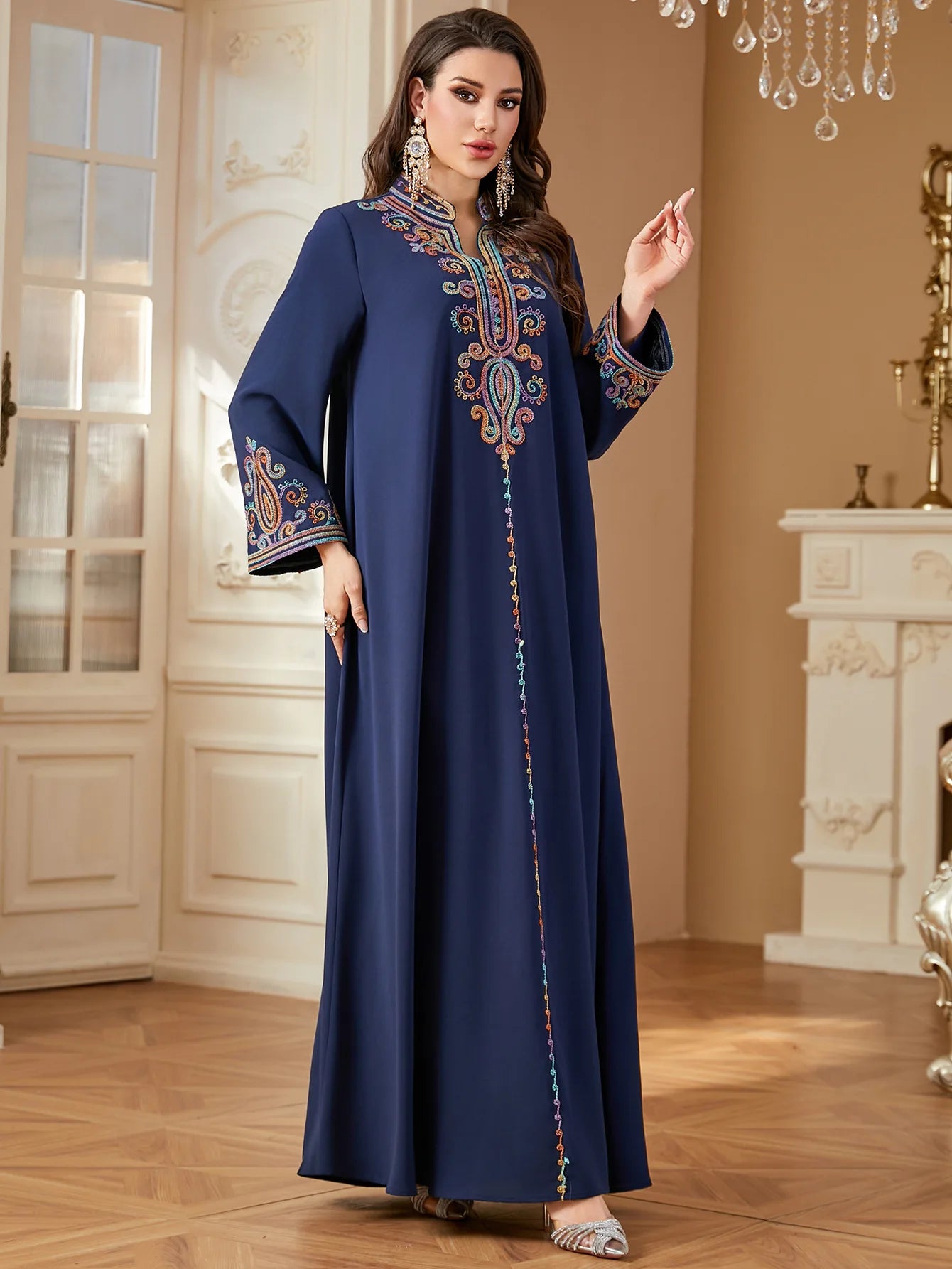 Dubai Muslim New Fashion Women's Embroidereid Long Sleeve V-neck Loose A-line Ankle Length Dresses Female Trendy Elegant Clothes.