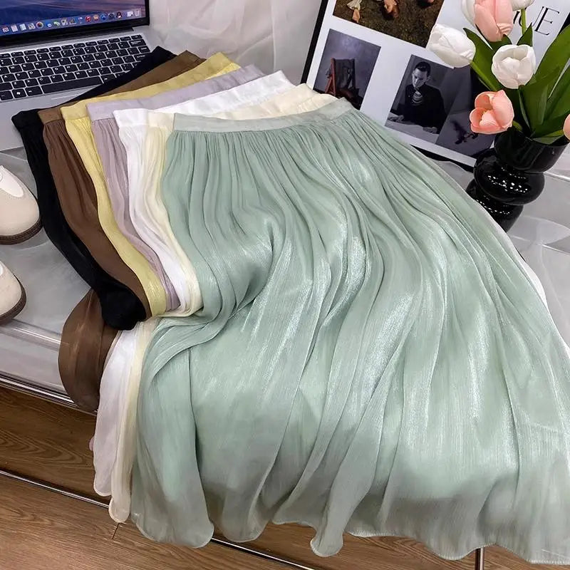 2025 Spring/Summer New Luster  A-line Women Skirt Solid Color High Waist French Paris Style Elegant Asymmetrical Skirt.