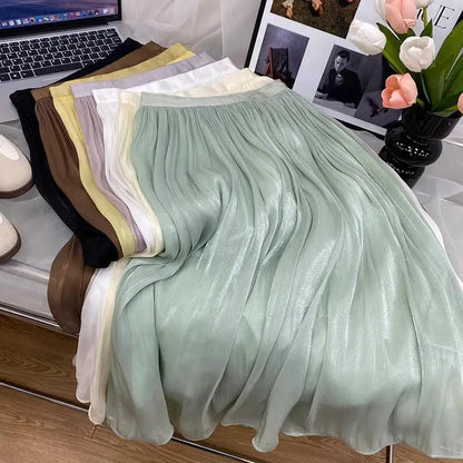 2025 Spring/Summer New Luster  A-line Women Skirt Solid Color High Waist French Paris Style Elegant Asymmetrical Skirt.