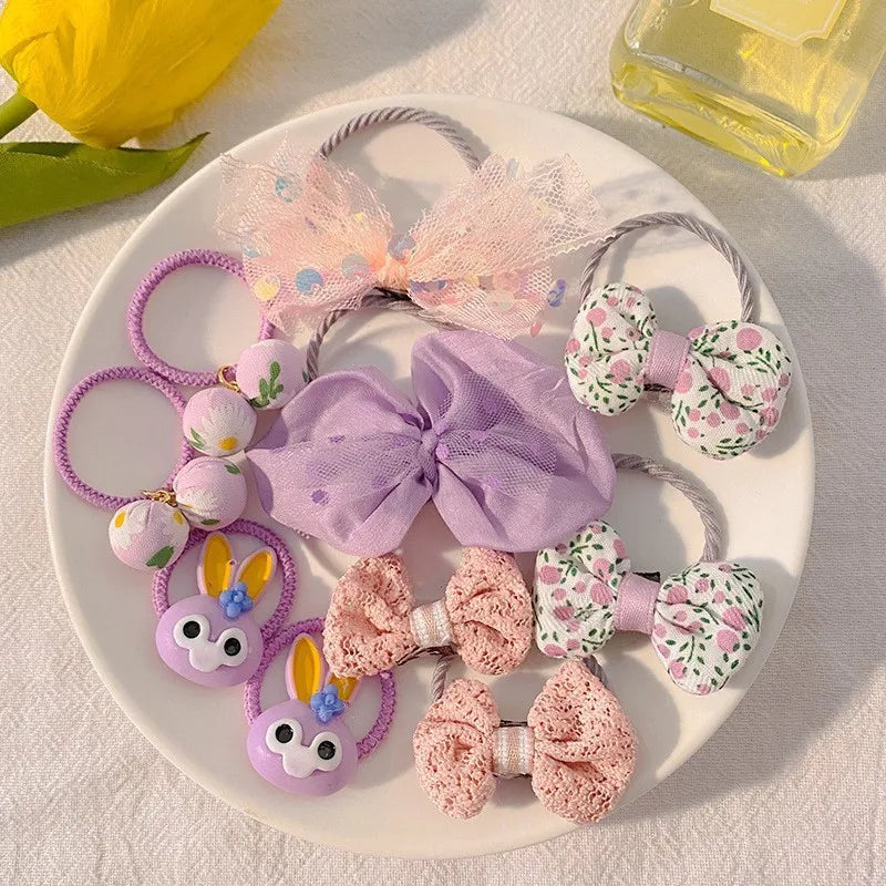 Kawaii Flower Bow Scrunchies Set Children Gift Girls Elastic Hair Rubber Bands Accessories Tie Hair Ring Rope Headdress Headwear.