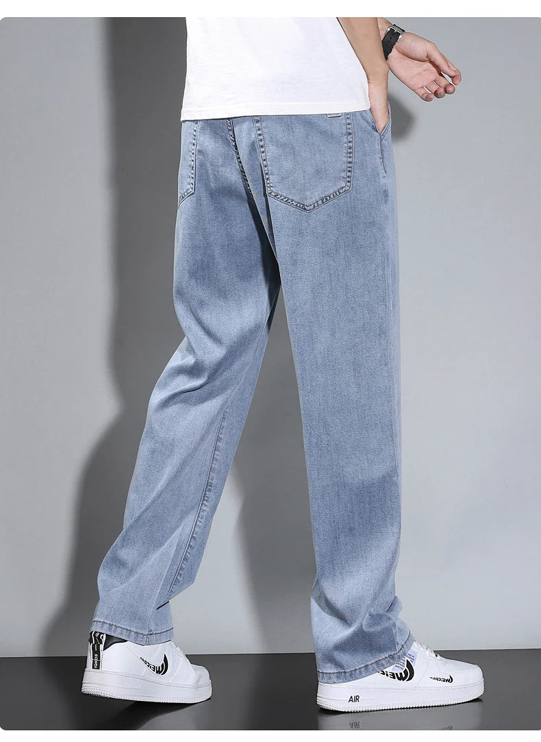 Summer Thin Men's Straight Loose Gray Jeans Soft Fabric Lyocell Fabric Light Colored Casual Pants Male Brand Trousers.