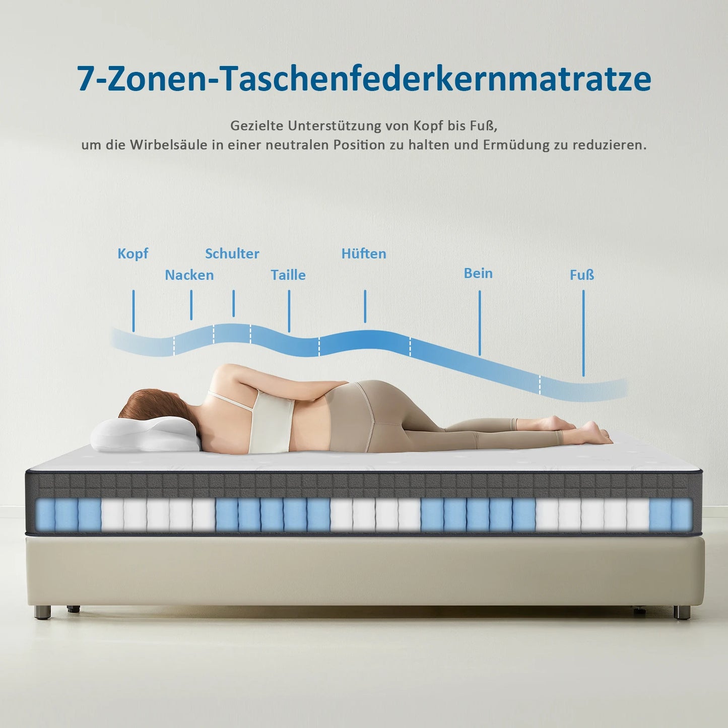Taschenfederkernmatratze 180×200×25cm H3 - 7-Zonen mit Diatomenschaum & orthopädischem Support