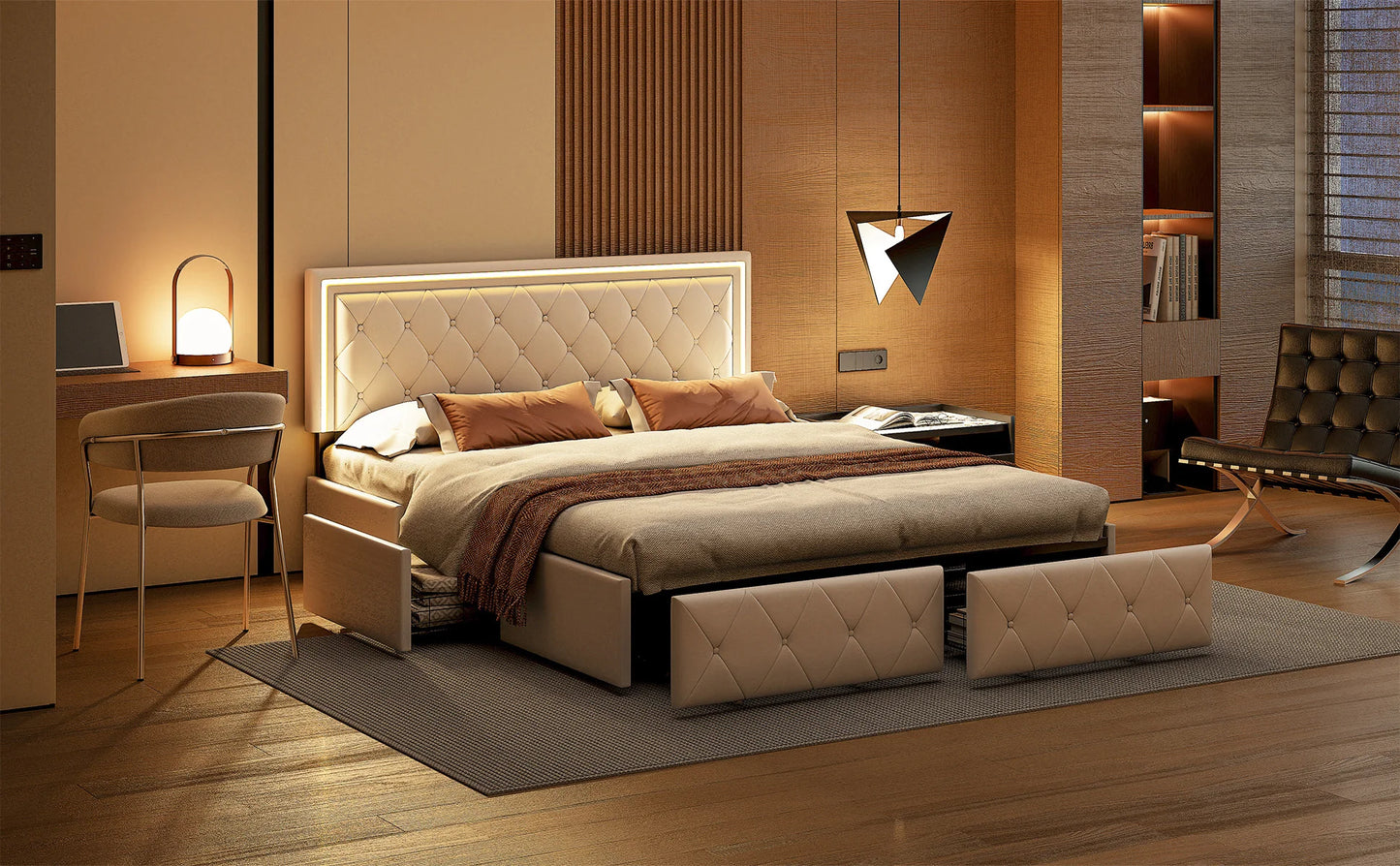 Rosahqnda Modernes Kunstlederbett mit Schubladen, stilvolles Doppelbett aus Kunstleder mit Stauraum, ohne Matratze