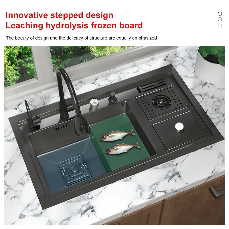 Stainless Steel Kitchen Sink Stepped Large Single Slot Wash Dish Vegetables Basin Multifunctional With Cup Washer Knife Holder