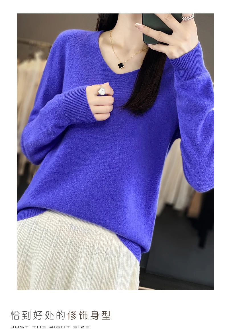 Women 100% Merino Wool Sweater V-Neck Basic Pullover Autumn Winter Cashmere Clothing Long Sleeve Soft Knitwear Tops Solid Color
