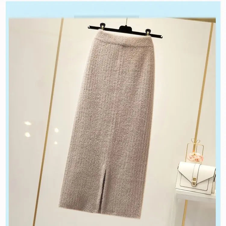 Mink velvet skirt female autumn and winter mid-length knitted one-step skirt split straight winter skirt casual solid long skirt.