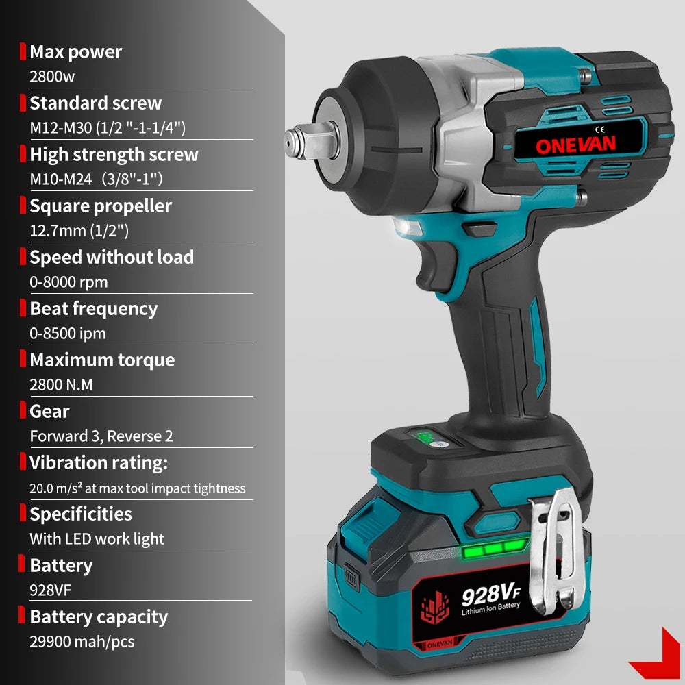 ONEVAN 2800N.M Bürstenloser elektrischer Schlagschrauber 1/2 Zoll Akku-Drehmomentschlüssel Schraubendreher Elektrowerkzeug für Makita 18V Batterie Pin