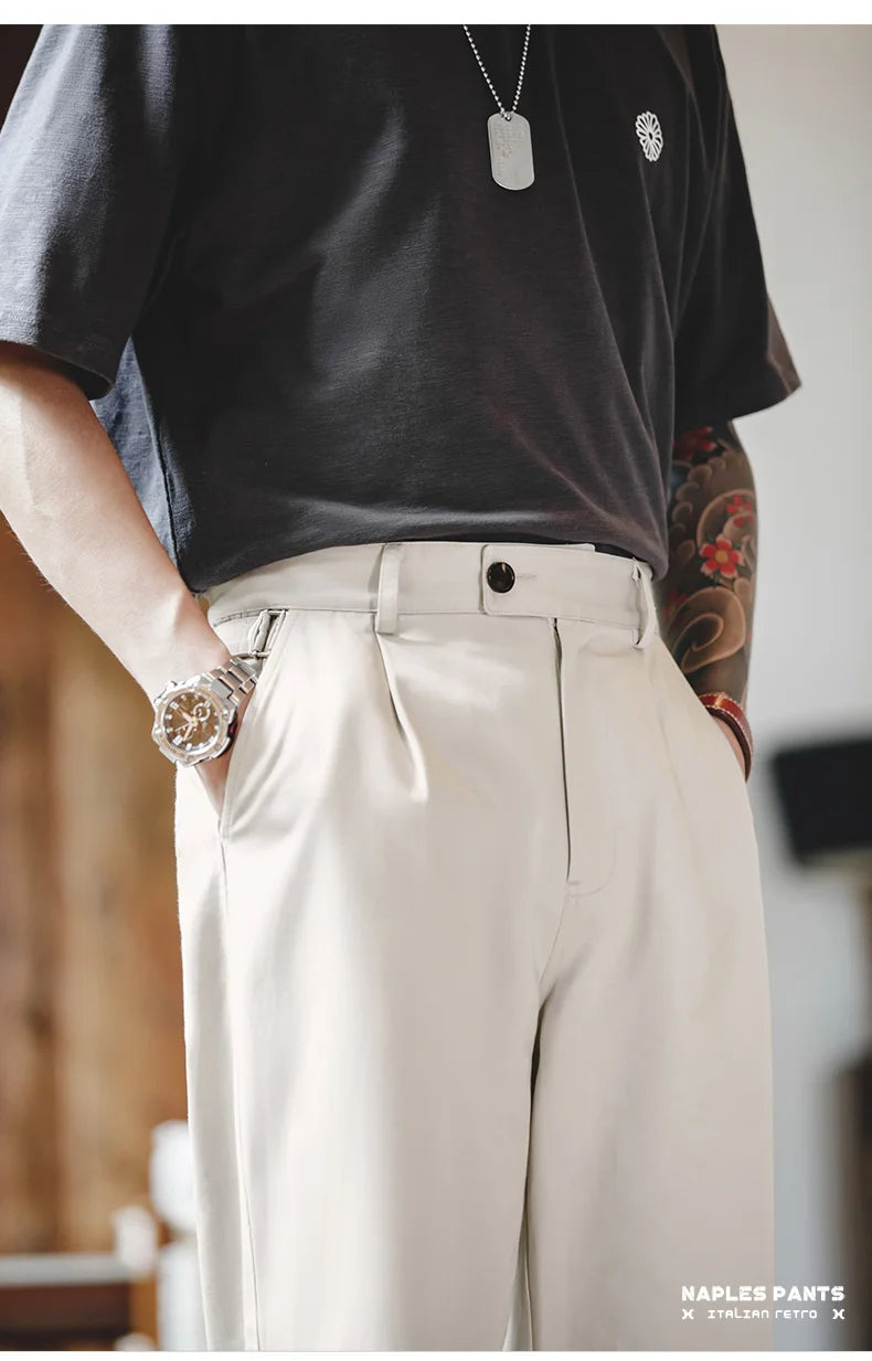 Maden Vintage Gentleman Naples Pants Korea Fashion Casual  Paris Button Straight Wide Trousers 100% Cotton Solid Work Suit Pants.