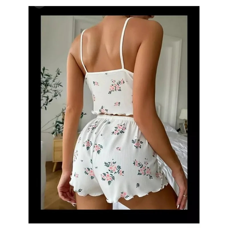 Damen Sexy Pyjamas Herz Wimpern Bedrucktes Pyjama Set V-Ausschnitt Camisole Top Shorts Loungewear