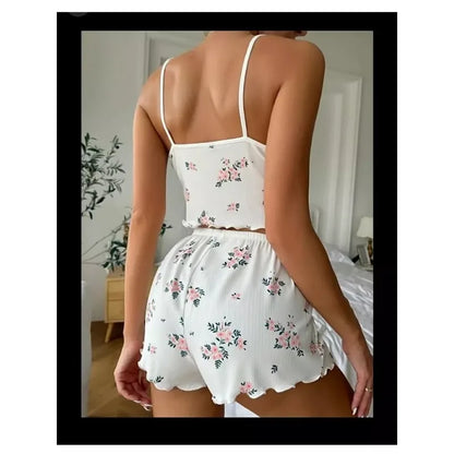 Damen Sexy Pyjamas Herz Wimpern Bedrucktes Pyjama Set V-Ausschnitt Camisole Top Shorts Loungewear