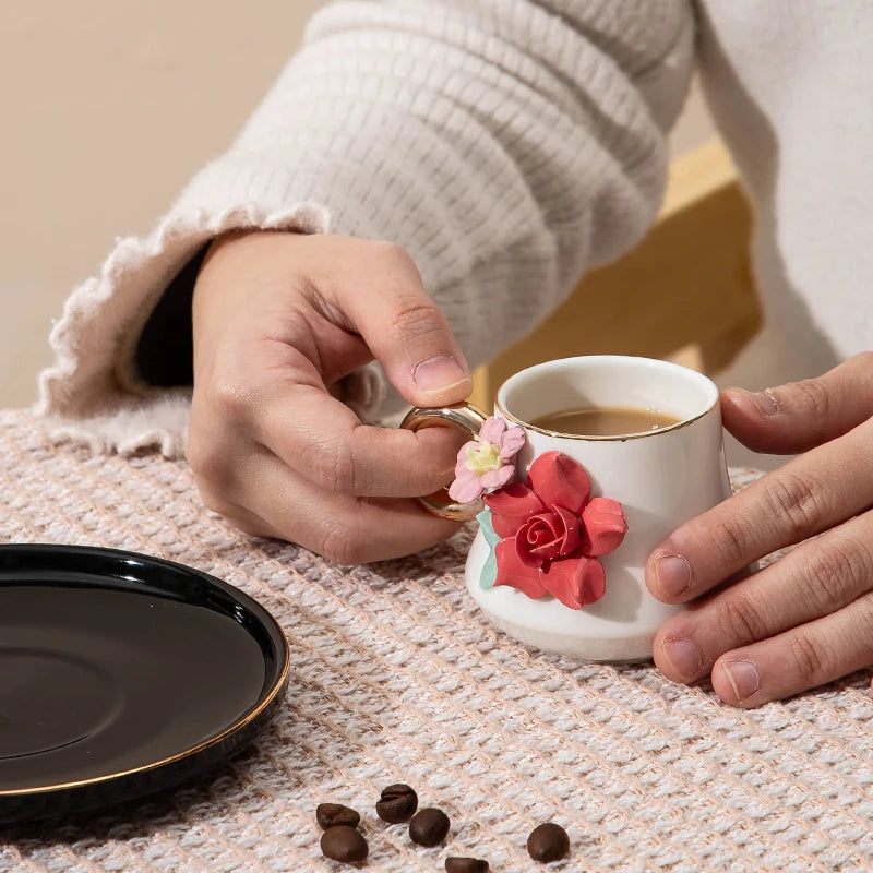 120ml Ceramic Coffee Cup Saucer Set Hand Pinched Flowers with Hand and Dish Milk Tea Porcelain Drinkware Tableware Gift.