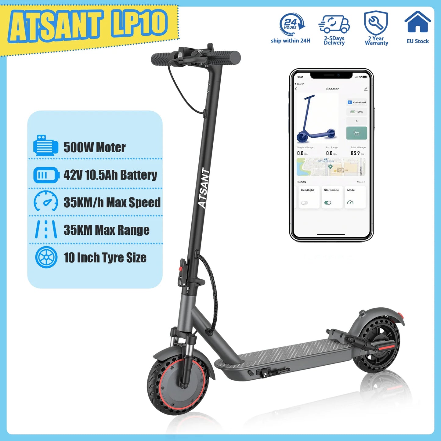 ATSANT LP10 Electric Scooter 500W Powerful Motor 42V10.5Ah 35KM/H 35KM Long Range 10Inch Tyre with APP Shock Absorbing EScooter
