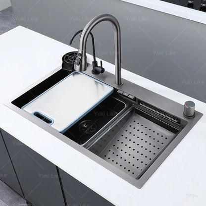 New Stainless Steel Kitchen Sink with Waterfall  Large Single Slot Various Multifunctional Sinks Dish and Vegetable Wash Basin