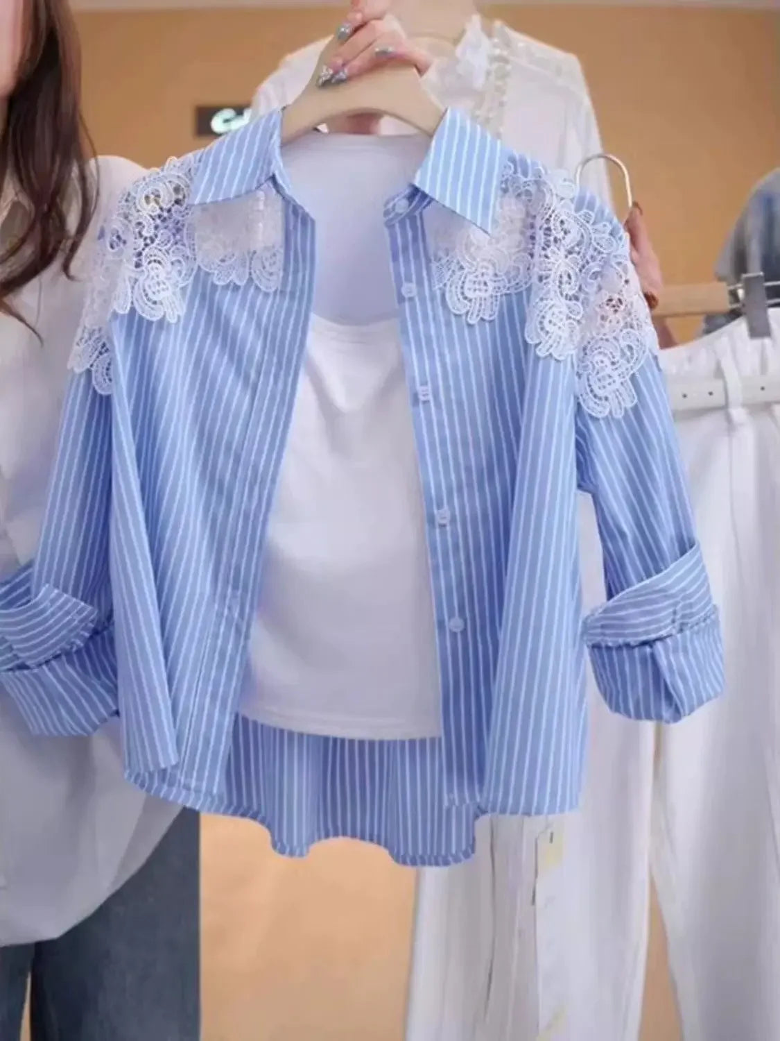 Lace Hook Splicing Polo Neck Striped Women Shirt Spring New Loose Jacket Top.