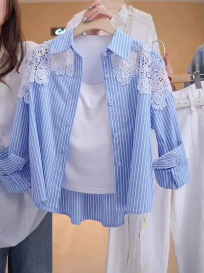 Lace Hook Splicing Polo Neck Striped Women Shirt Spring New Loose Jacket Top.