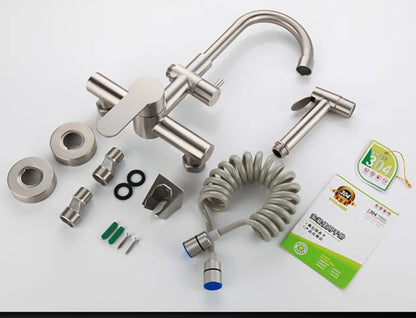 Kitchen Faucet Stainless Steel Double Hole Hot and Cold Mixing Tap Wall Mount Balcony Laundry Swivel Tap With Spray Gun 주방수전