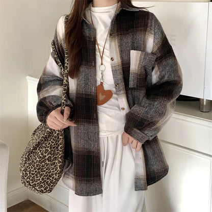 Zjaiss Women Thick Woolen Plaid Blouse Loose Long Sleeved Tops 2025 Autumn Winter New Casual Shirt Long Shirts.