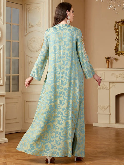 Siskakia Ramadan Dubai Elegant Floral Print Abayas For Muslim Women's Jacquard Beading Kebaya O-Neck Long Dresses.
