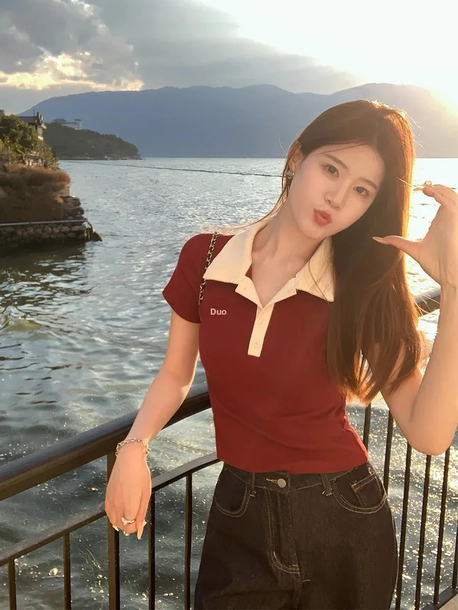 Women's Slim Fit Short Sleeve Polo Shirt Summer New Color Collision Design Red T-Shirt Top Fashionable Casual Business Wear