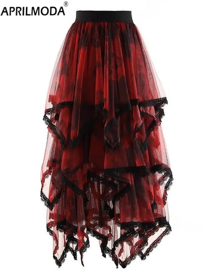 Irregular Hem Lace Cake Mesh Midi Long Skirt High Elastic Waist Ball Gown Harajuku Gothic Cosplay Maxi Skirts Red Party Skater.