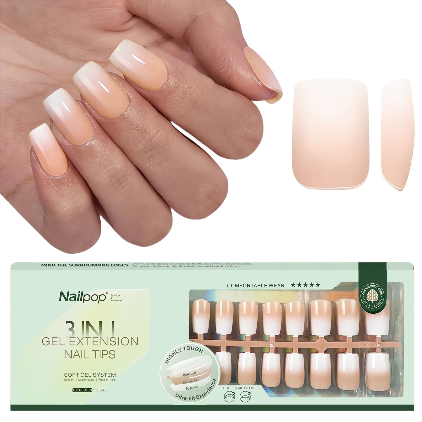 NAILPOP 150Pcs 4 in 1 Ombre Gel Nail Tips White Gradient Soft Gel False Nail Tips Soak Off Fake Nails Extensions DIY 15 Sizes.