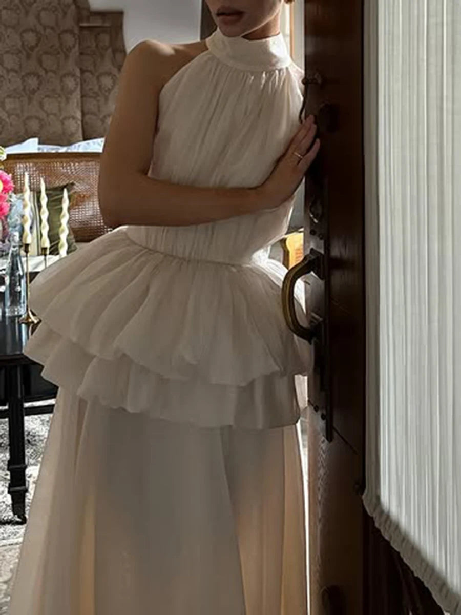 VGH Solide Abend Gespleißt Rüschen Maxi Kleider für Frauen High Neck Ärmellose Tunika Temperament Zeremonie Kleid Weibliche Kleidung.