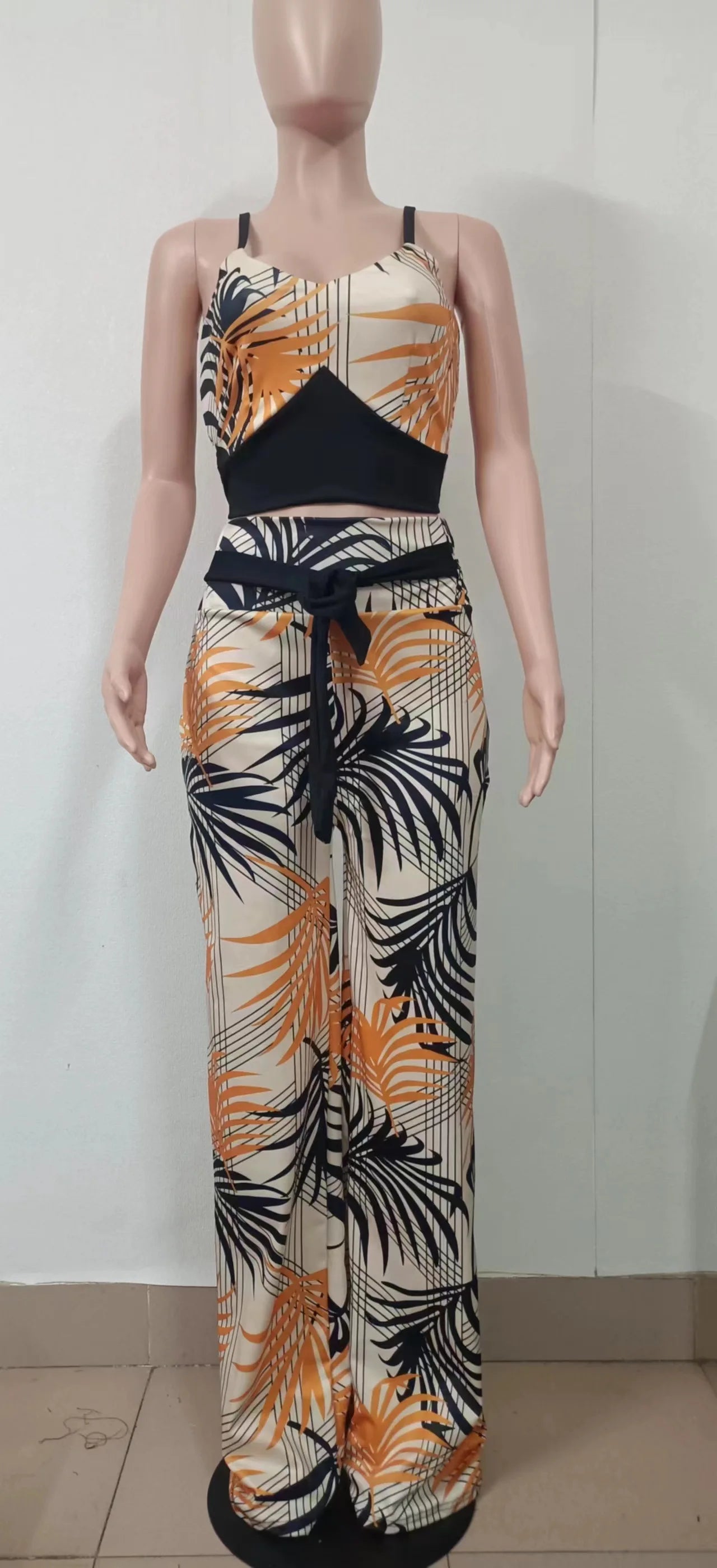 Women Fashion Print Halter V-Neck Short Tank Suit Tops Long Pants Matching Set Summer Casual Female Slim Pants Two Piece Sets.