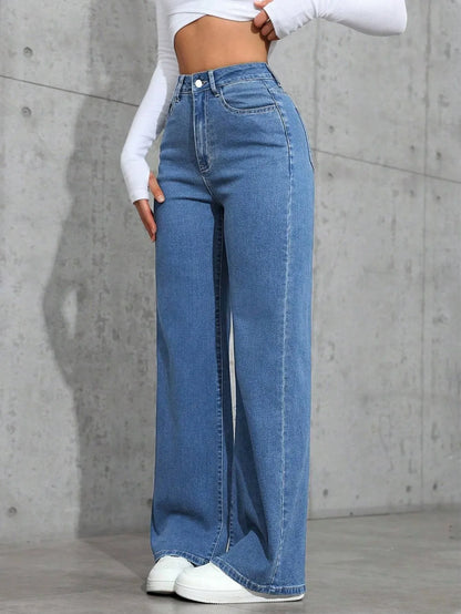 High Waist Straight Leg Women's Jeans Rhinestone Washed INS Style Imported New Model Blue Denim Trousers Female Fashion.
