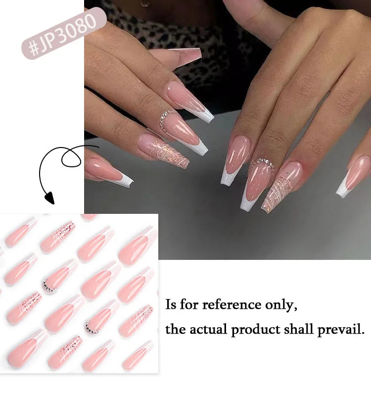 Rhinestone Glitter Powder White French Long Ballet Fake Nails Fashion Detachable Finished False Nails Press on Nails with Glue.
