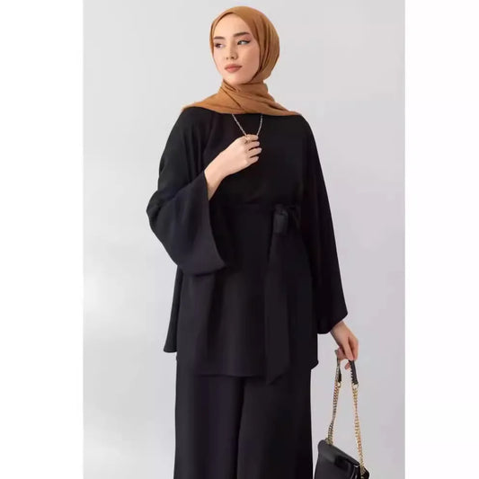 Eid Muslim Two Piece Set Islam Women Lace Up Shirt Wide Leg Pants Suits Ramadan Turkey Outfits Modest Morocco Abayas Ensembles.