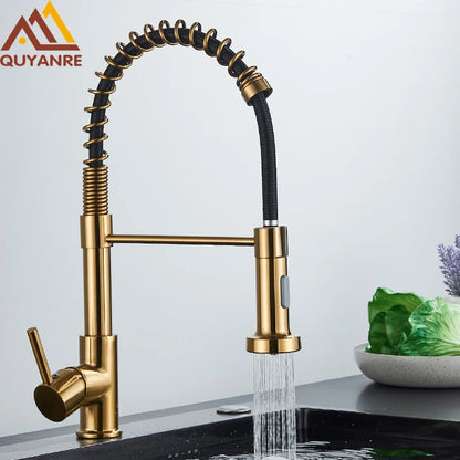 Brushed Gold Kitchen Faucet Pull Down 2-way Spray Single Handle Hot Cold Water Mixer Tap 360 Rotation Torneira Cozinha Mixer Tap